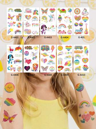 Rainbow Unicorn Temporary Tattoos For Kids Girls Boys, 126+ PCS Glitter Silver Metallic Flower Fake Pride Tattoo Stickers, Groovy Cartoon Face Tattoos LGBT Gay Birthday Party Supplies Stocking Fillers