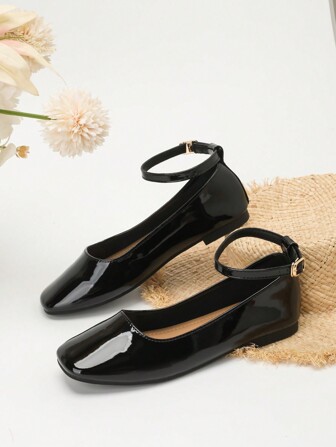 Women's Square Toe French Style Strap Mary Jane Flat Shoes
