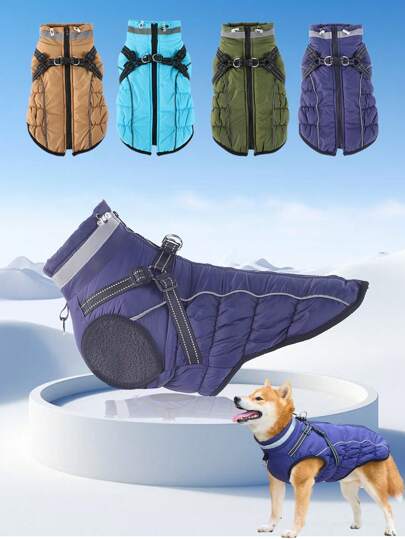 1pc Dog Winter Warm Coat With Reflective Leash, Thermal Lined High Collar Windproof Jacket, Suitable For Small/Medium/Large Dogs In Winter