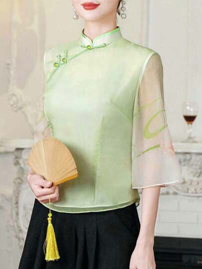 Green Floral Print New Chinese Style Tang Suit Top For Women, Ruffle Sleeve Casual Slanted Placket Shirt Pullover Retro Style - Zipper At The Back, Semi-Transparent Sleeves, Thin Lining, Soft Fabric, - Suitable For Spring/Summer/Autumn Wear - Suitable For Daily Casual Wear Wear