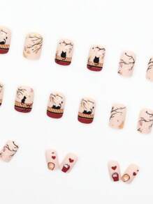 24 片装方形哑光宫廷风格星夜小猫图案全覆盖假指甲，适合女士和女孩按压式指甲美甲用品