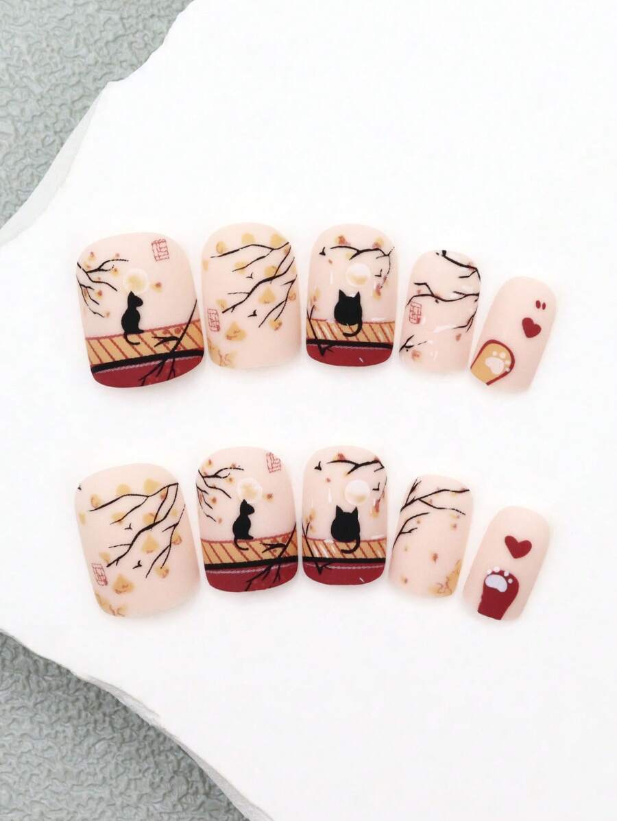24 片装方形哑光宫廷风格星夜小猫图案全覆盖假指甲，适合女士和女孩按压式指甲美甲用品