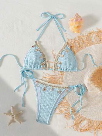 Woman's Starfish & Shell Decoration Tied Top With Hollow Triangular Bottoms Swimwear Set, Beach Vacation Style, Summer