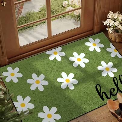 1pc Hello Flower Pattern Doormat, Green Minimalist Short Plush Anti-Slip Quick Dry Washable Entrance Mat For Kitchen, Bathroom, Dining Room, Hallway, Party, Gathering, New Year, All Seasons
