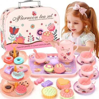 1 Set Girls Afternoon Tea Party Pretend Play Toy, Delicate Teaware Gift Box, Realistic Dessert Cake Set, Christmas Gift For Girls
