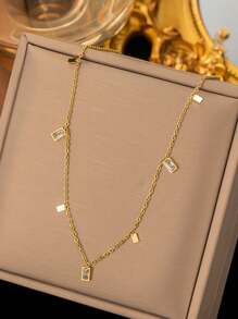 1pc Stainless Steel Minimalist Necklace, Delicate Square Rhinestone Choker Necklace, Dainty Jewelry, Suitable For Daily Wear For Women