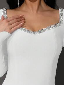 New Design Crystal Embellished Long Sleeve Sexy Bodycon Mini Bandage Dress, Elegant Party Dress For Women, Wedding Guest Dress - White - View 6