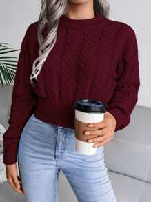 Women's Cable Knit Crew Neck Long Sleeve Cropped Pullover Sweater, Casual For Autumn/Winter - Burgundy - View 6