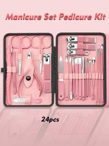 修甲套装、修脚套装、指甲钳套装、指甲钳套装、嵌甲套装、指甲修剪器套装、8/18/24件旅行指甲套装护理美容工具（带精致盒子）、美甲工具、美甲工具、指甲护理工具、粉色、旅行用品、美甲用品、足部护理、指甲护理