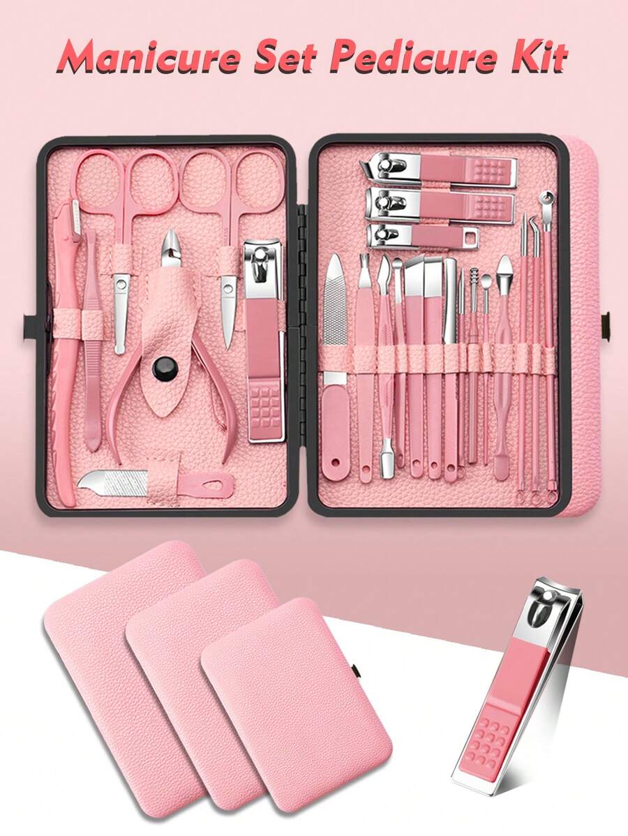 修甲套装、修脚套装、指甲钳套装、指甲钳套装、嵌甲套装、指甲修剪器套装、8/18/24件旅行指甲套装护理美容工具（带精致盒子）、美甲工具、美甲工具、指甲护理工具、粉色、旅行用品、美甲用品、足部护理、指甲护理