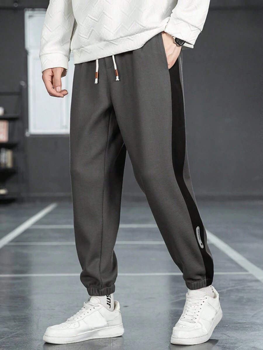 Men's Fashionable Side Stripe Design Drawstring Sweatpants - Dark Grey - View 1