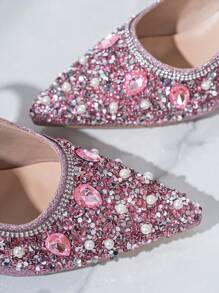 2025秋冬季女士尖头水晶高跟粉色玛丽珍镂空系列高跟鞋，情人节、优雅、派对装扮 - 粉色 - 查看 5