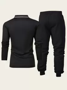 Conjunto de 2 piezas para hombre compuesto por una camisa tipo polo de manga larga con estampado de París y rayas de color, a conjunto con pantalones jogger, conjunto de chándal informal para primavera y otoño.