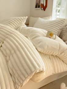 Joivida 3 件套柔软毛绒水晶天鹅绒床上用品套装，奶油色条纹，舒适亲肤，适用于卧室和客房 - 奶油白 - 查看 7
