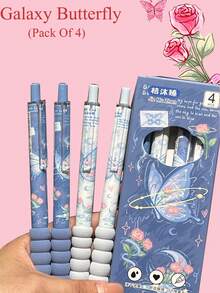4pcs Rose & Butterfly Design High-Quality Student/Office/Business Black Ballpoint Pens