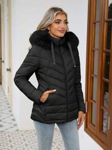 女式休闲连帽加厚夹克，带口袋，轻质加厚外套，保暖，适合日常穿着 - 黑色 - 查看 6