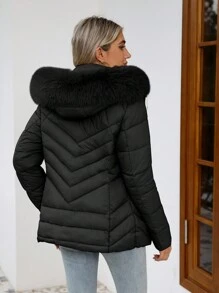 女式休闲连帽加厚夹克，带口袋，轻质加厚外套，保暖，适合日常穿着 - 黑色 - 查看 2