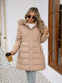 Giolshon Women's Fashionable Portable Down Jacket With Faux Fur Collar And Hood, Essential Warm Outerwear For Autumn/Winter - Apricot - View 8