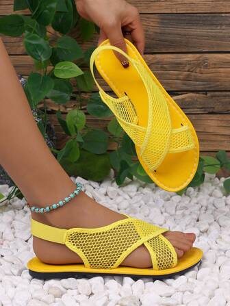 Women's Yellow Flat Criss-Cross Net Fabric Elegant & Fashionable Sandals, Summer New Arrival