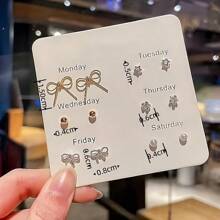 6pairs New Arrival Bowknot Feather Heart-Shaped Rhinestone Earrings Set, Rose Gold, Cute Style Valentines,Mom,Mother,Mother's Day,Gift