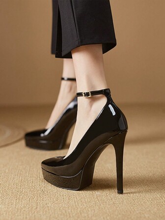 女士时尚细高跟踝带高跟鞋，颜色有粉色、杏色、裸色、酒红色、黑色、白色、红色、银色、金色