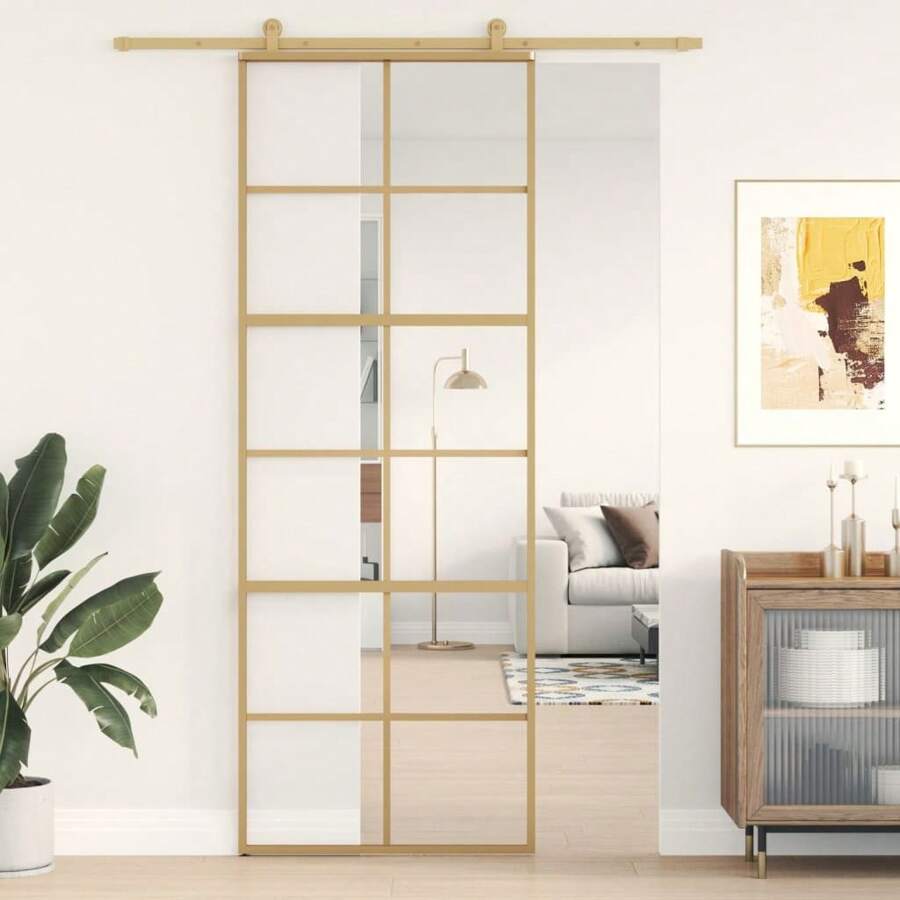 Clear ESG Glass Sliding Door 76x205 Cm Aluminium Frame Modern Design Stylish Interior Solution - Gold - View 1