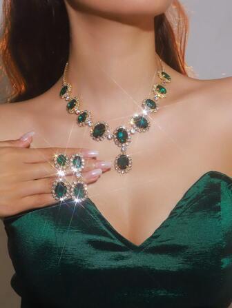 1 条时尚多色几何泪珠形水晶项链和 1 对女士耳环，多功能珠宝套装 - 适合女士日常佩戴、婚礼、派对等。