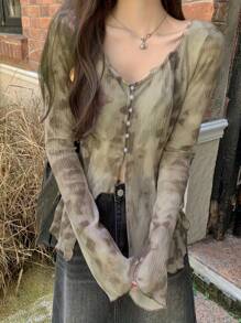 女士扎染印花喇叭袖衬衫，夏季时尚单品