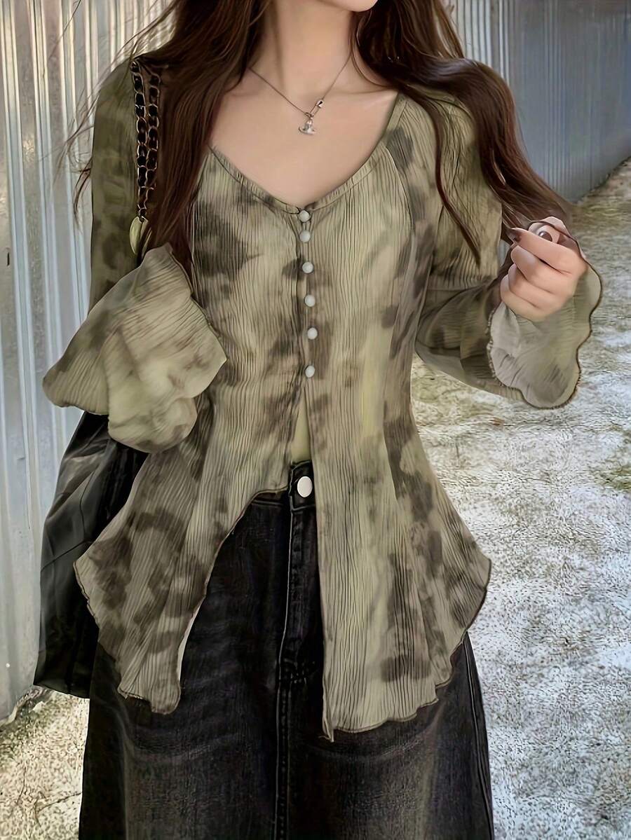 Women's Tie-Dye Print Flare Sleeve Shirt, Fashionable For Summer - Khaki - View 1