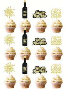 12pcs Happy New Year 2025 Paper Cake Toppers - Suitable For New Year's Eve Party Decorations - Black/Gold - View 1