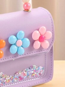 1pc Multi-Color Cute Floral & Pearl Handbag, Girls' Shoulder Bag, Suitable For School, Campus, Card Holder, Coin Purse, Versatile Daily Use, Gift - Mauve Purple - View 3