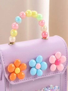 1pc Multi-Color Cute Floral & Pearl Handbag, Girls' Shoulder Bag, Suitable For School, Campus, Card Holder, Coin Purse, Versatile Daily Use, Gift - Mauve Purple - View 4