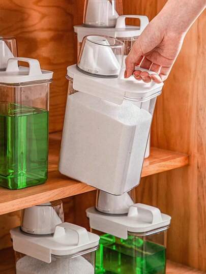 1 pieza/2 piezas Caja de almacenamiento de polvo de lavandería, tarro de almacenamiento con taza dosificadora graduada, caja de almacenamiento de gran capacidad, contenedor dosificador de detergente para la ropa, almacenamiento de artículos de limpieza, artículos para el hogar, adecuado para el cuarto de lavado, baño, inodoro, accesorios de baño.