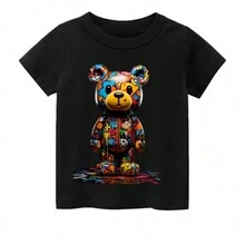 Camiseta Preta Com Estampa Com Urso Quebra Cabeça Colorido