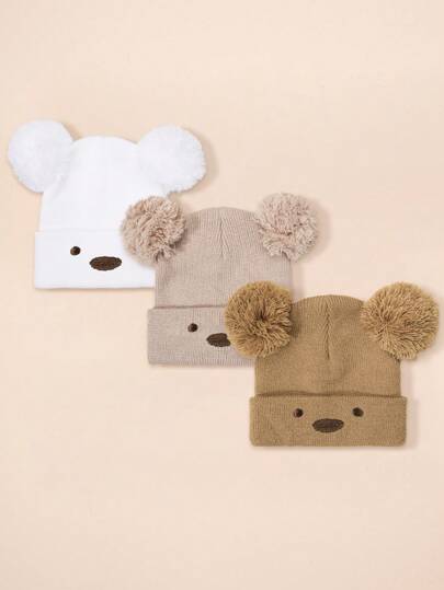 3pcs/1pc Embroidered Bear Expression Dual Pom Pom Knit Hat, Ski Warm Baby Boys Girls Unisex Hats, Y2K Style Outdoor Cold-Proof Knitted Cap, Casual Versatile Winter Warm Beanie Suitable For Daily Wear And Costume