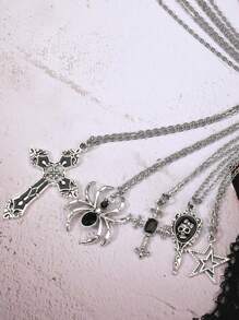 5pcs Y2K Vintage Gothic Punk Rock Style Rhinestone Decorated Spiderweb, Black Cross, Star, Mirror, Cross Pendant Necklace Set, Stainless Steel Chain, Hipster, Boho Style - Black - View 4