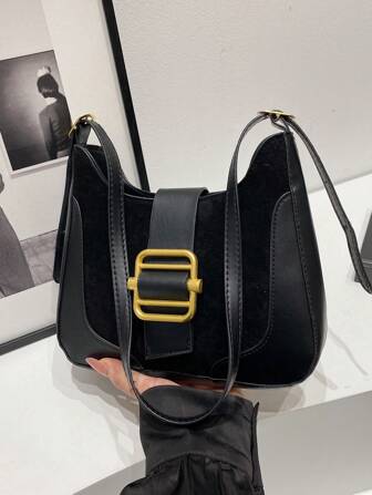 2024 新款女士复古简约麂皮皮带扣设计手提包，时尚腋下单肩斜挎包