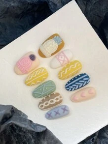 XEERCOOU 10pcs Short Acrylic Nail Set, Handpainted Striped Colorful Candy Style, Suitable For Winter Sweater, Office Daily Wear, Includes 1 Application Sticker And 1 Mini File Press On Nails