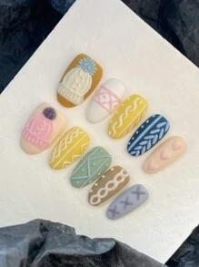 XEERCOOU 10pcs Short Acrylic Nail Set, Handpainted Striped Colorful Candy Style, Suitable For Winter Sweater, Office Daily Wear, Includes 1 Application Sticker And 1 Mini File Press On Nails