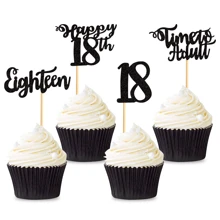 12pcs Shining Black 18th Birthday Cupcake Toppers Cake Decorations, Sweet 16 Party Supplies, 18th Anniversary Celebration Decorations