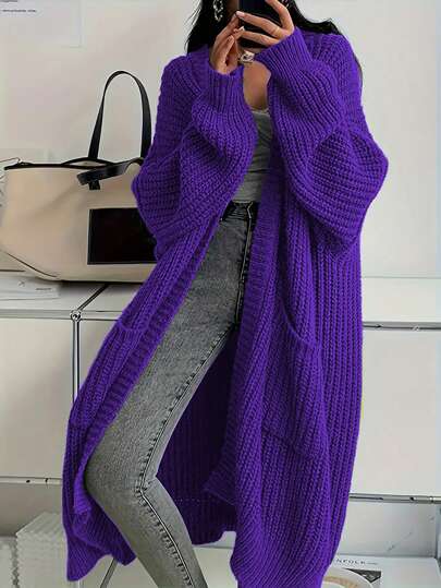 Plus Size Women V-Neck Pocket Ribbed Knit Cardigan Sweater, Long Sleeve Long Length