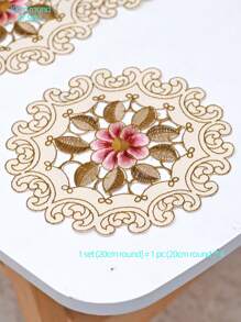 4pcs/set Begonia Flower Placemats, European Simple Style Round Polyester Fabric In Beige With Multicolor Embroidery And Hollow Out Design - Khaki - View 3