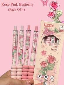4pcs Rose & Butterfly Design High-Quality Student/Office/Business Black Ballpoint Pens