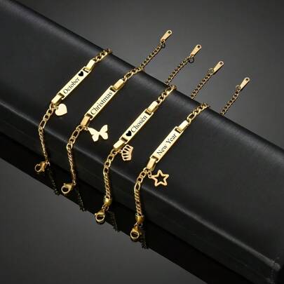 [Customized] Personalized Name Titanium Steel Engraved Bracelet With Star Charm, Customized Carved Jewelry For Women And Men, Can Be A Gift For Mother's Day, Father's Day, Valentine's Day, Christmas And Other Holidays