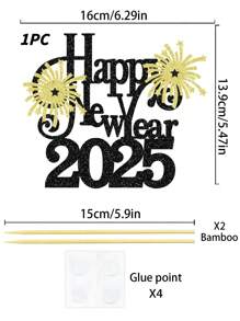 2025 新年快乐烟花图案纸质蛋糕装饰，适合新年派对庆祝，无羽毛，无电 - 黑色 - 查看 3