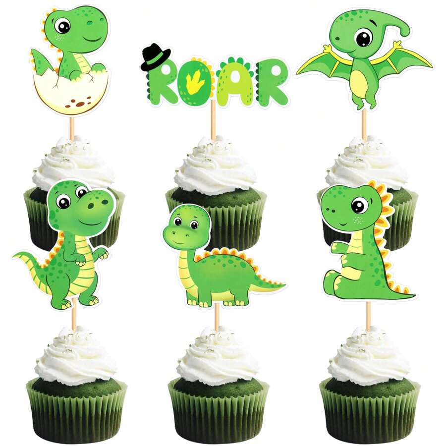 Toppers Fofos para Cupcakes de Revelação de Gênero de Dinossauro Azul e Rosa, Decorações para Festa de Aniversário Feliz Tema Jurássico para Bebê