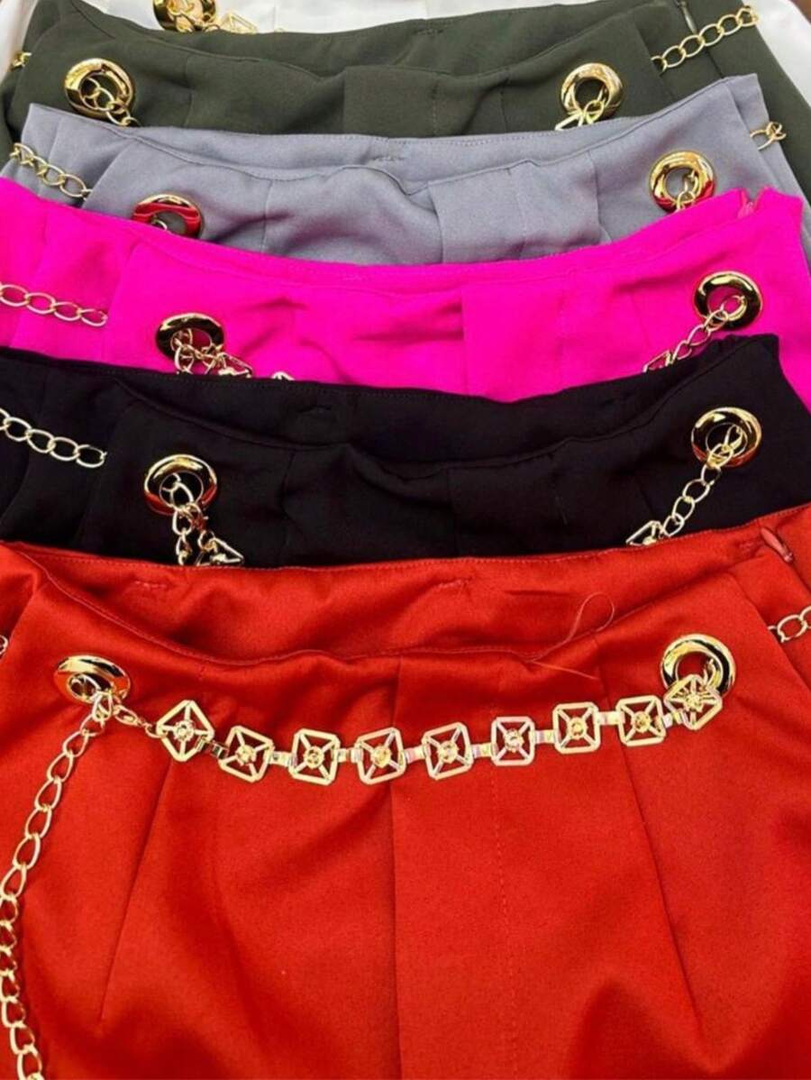 Women's Tailored Shorts, High Waist, With Chain Belt, Comes With Beautiful Belt - 墨綠色 - 查看 1