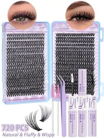 720 件 D 卷睫毛簇套装 - 30D 40D/60D 80DLash 簇 9-18MM 睫毛簇 睫毛延长套装 自然纤细睫毛延长套装 睫毛簇 带睫毛胶和密封圈 睫毛刷和镊子
