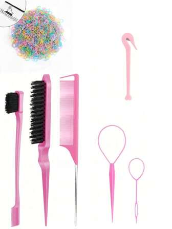 7-Piece Hair Tool Set, Including 2 French Braiding Tools, 1 Pointed Tail Comb, 1 Detangling Brush, 1 Double-Ended Comb, 1 Portable Rubber Band Remover And 1 Pack Of 1000 Rubber Bands,Hairband Tool Set, Braiding Tool Ring(1 Pack Of 1000 Elastics Can Be Purchased Separately)