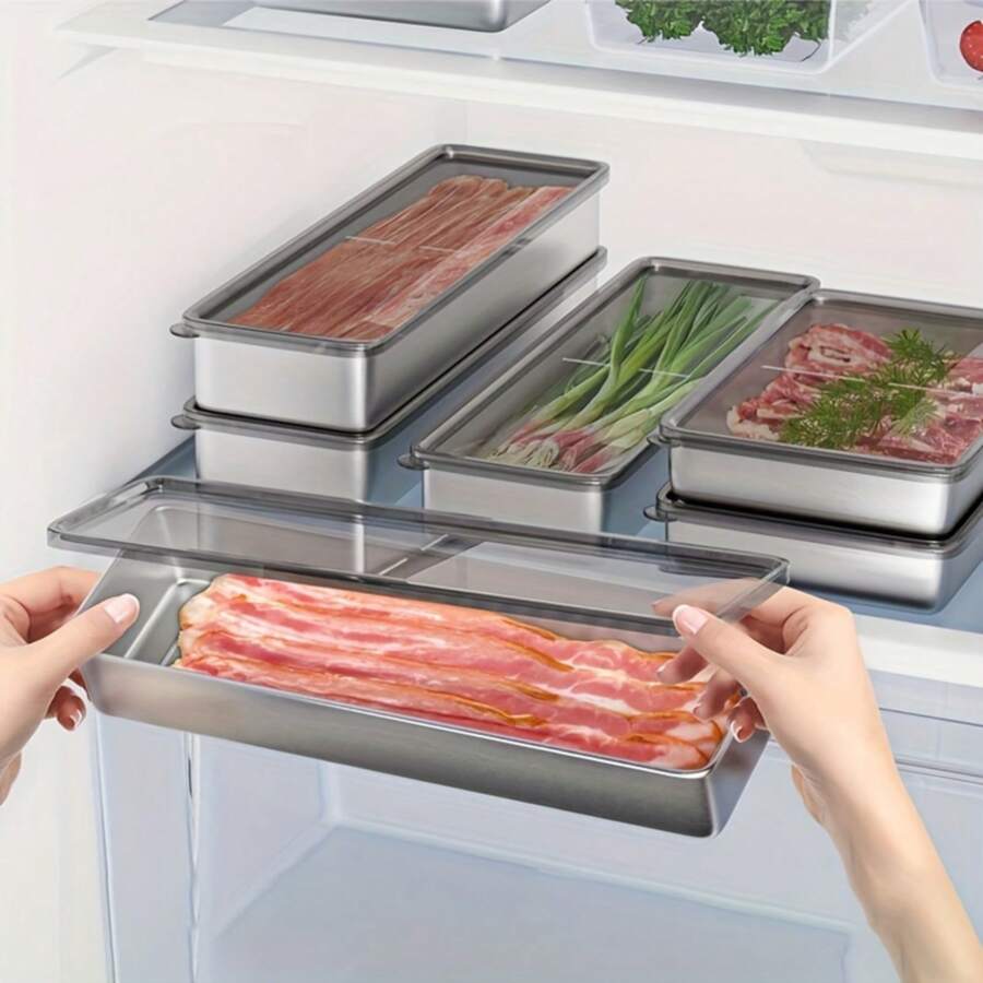 1 pieza Recipiente para Tocino para Refrigerador, Caja de Conservación Fresca de Acero Inoxidable 304 con Tapas, Recipientes Herméticos para Almacenamiento de Fiambres para Refrigerador, Caja de Almacenamiento de Tocino Larga, Recipientes de Almacenamiento de Alimentos, Recipientes para Empanadillas, Caja de Almacenamiento de Alimentos, Artículos de Cocina
